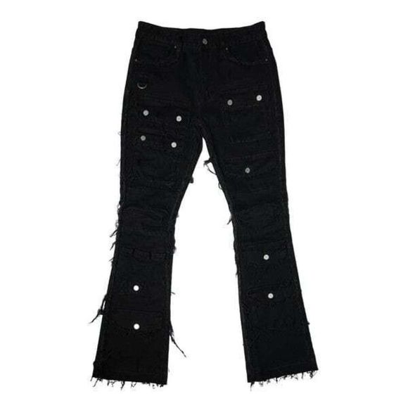 First Row Premium Men's Long Denim Cargo Flare Fringe Stack Jeans with Stylish - Picture 8 of 9